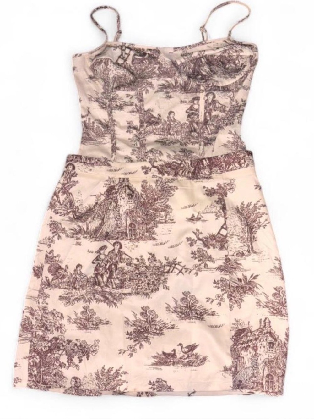 Women’s Spaghetti-Strap Toile Print Beige and Brown 2-Piece Skirt and Bodysuit